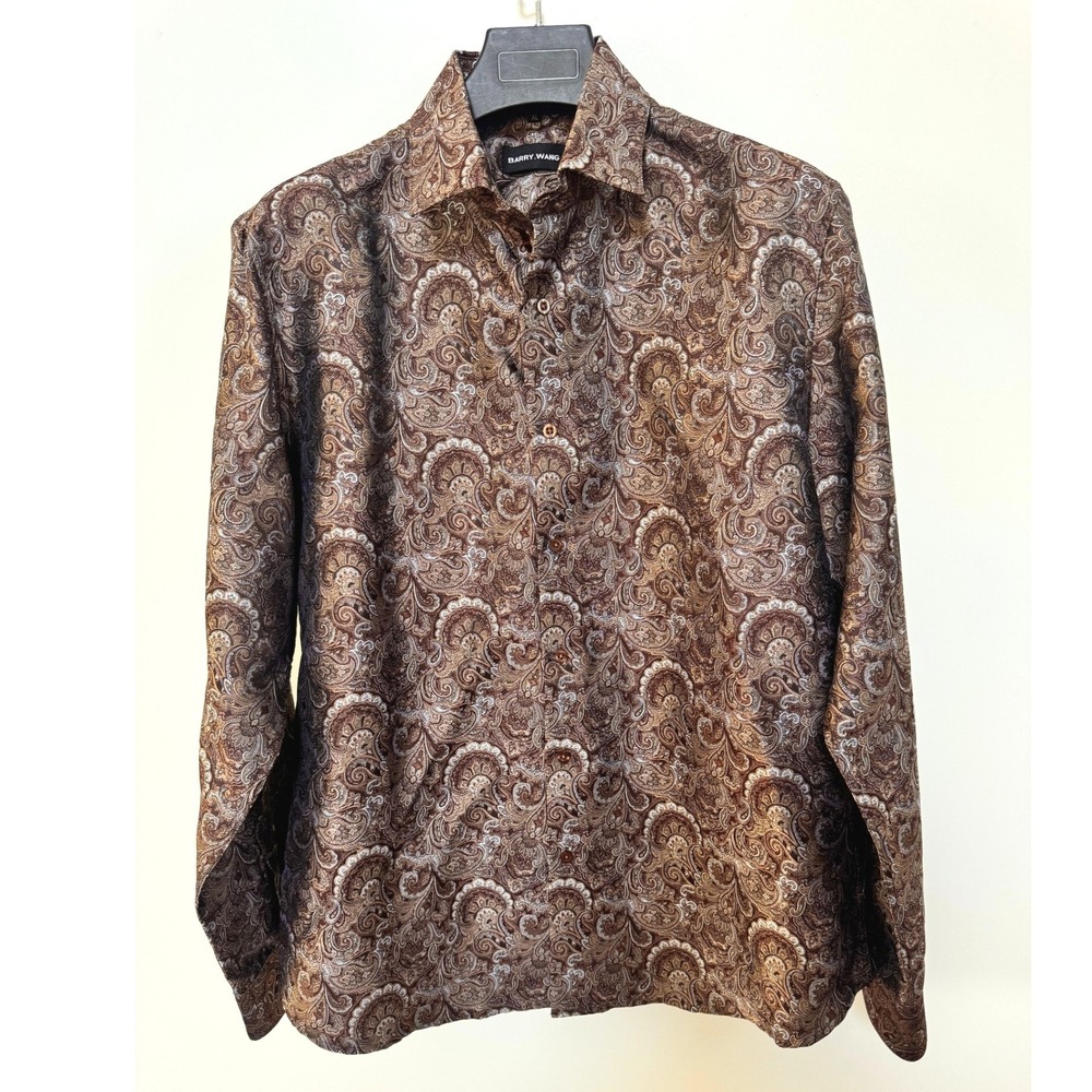 Barry.Wang Men's XL Paisley Silk Blend Button Down Shirt Brown Luxury Dress